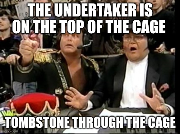 Oh My God | THE UNDERTAKER IS ON THE TOP OF THE CAGE; TOMBSTONE THROUGH THE CAGE | image tagged in jim ross | made w/ Imgflip meme maker