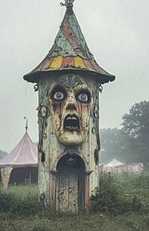A Central European Fun House in an Abandoned Carnival on the Edge of a Dank Woods. | image tagged in memes,cursed,fun house,carnival,european | made w/ Imgflip meme maker
