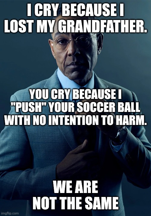 We are not the same | I CRY BECAUSE I LOST MY GRANDFATHER. YOU CRY BECAUSE I "PUSH" YOUR SOCCER BALL WITH NO INTENTION TO HARM. WE ARE NOT THE SAME | image tagged in we are not the same | made w/ Imgflip meme maker