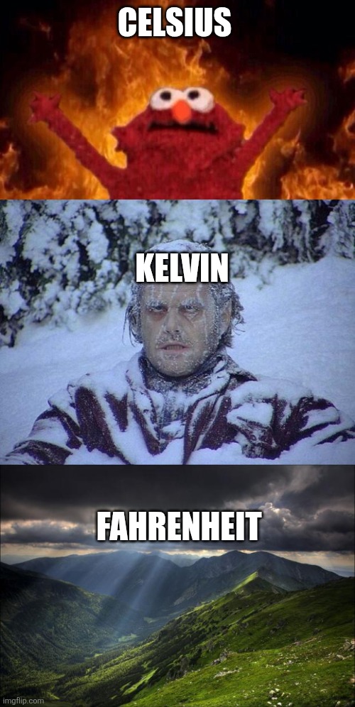 CELSIUS KELVIN FAHRENHEIT | image tagged in hellmo,memes,jack nicholson the shining snow,nature | made w/ Imgflip meme maker