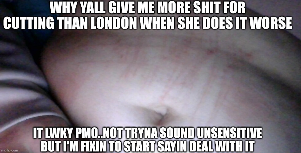 I'm such a fatty bro | WHY YALL GIVE ME MORE SHIT FOR CUTTING THAN LONDON WHEN SHE DOES IT WORSE; IT LWKY PMO..NOT TRYNA SOUND UNSENSITIVE BUT I'M FIXIN TO START SAYIN DEAL WITH IT | made w/ Imgflip meme maker