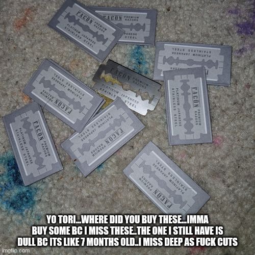 these are goated | YO TORI...WHERE DID YOU BUY THESE...IMMA BUY SOME BC I MISS THESE..THE ONE I STILL HAVE IS DULL BC ITS LIKE 7 MONTHS OLD..I MISS DEEP AS FUCK CUTS | made w/ Imgflip meme maker