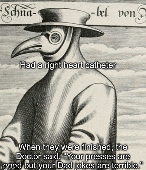 Humour Under Pressure | Had a right heart catheter; When they were finished, the Doctor said, “Your presses are good but your Dad jokes are terrible.” | image tagged in bad joke plauge doctor,how i react under pressure,hospital,doctor,bad joke | made w/ Imgflip meme maker