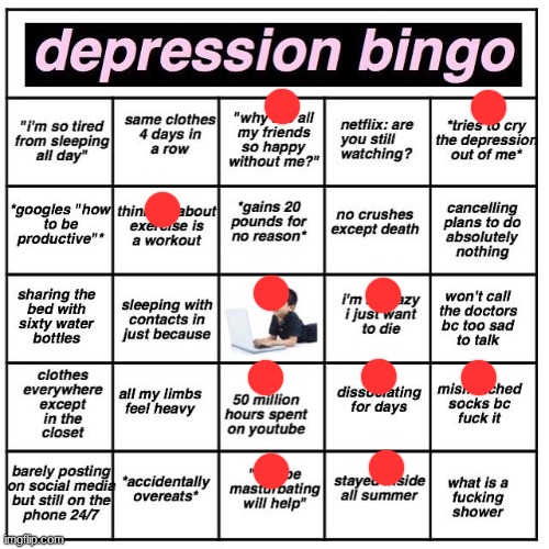 Depression bingo | image tagged in depression bingo | made w/ Imgflip meme maker