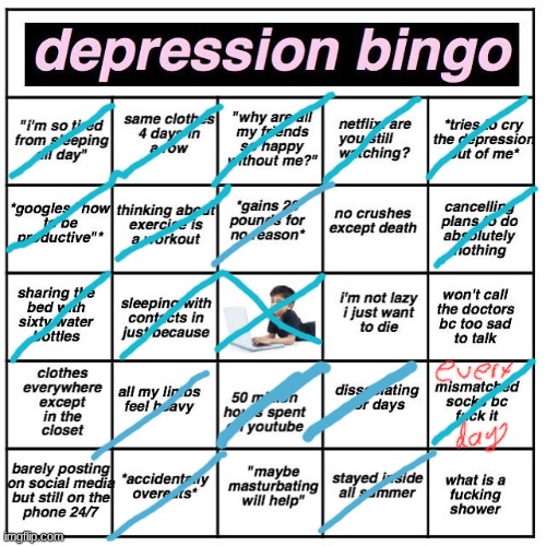 the clothes are in the closet too..js on the floor | image tagged in depression bingo | made w/ Imgflip meme maker