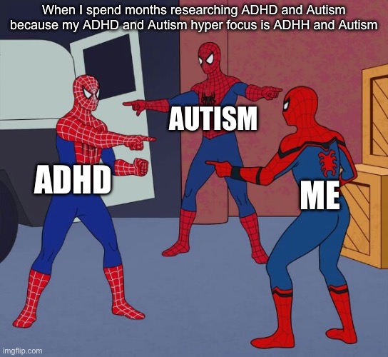 Searching My Neurospicy Self | When I spend months researching ADHD and Autism because my ADHD and Autism hyper focus is ADHH and Autism; AUTISM; ADHD; ME | image tagged in spider man triple,spicy,adhd,autism,research,hyper | made w/ Imgflip meme maker