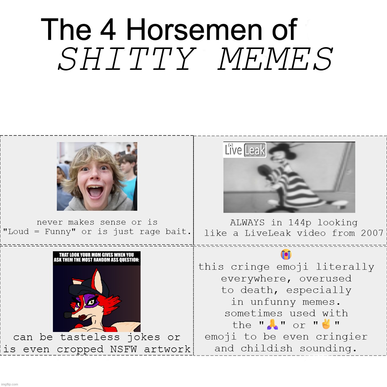 We live in the worst timeline. [NOTE: artwork shown in the corner was created by me to make my point about this] | SHITTY MEMES; 😭
this cringe emoji literally everywhere, overused to death, especially in unfunny memes. sometimes used with the "🙏" or "✌️" emoji to be even cringier and childish sounding. never makes sense or is "Loud = Funny" or is just rage bait. ALWAYS in 144p looking like a LiveLeak video from 2007; can be tasteless jokes or is even cropped NSFW artwork | image tagged in memes,unfunny,four horsemen,cringe,brainrot,fox | made w/ Imgflip meme maker