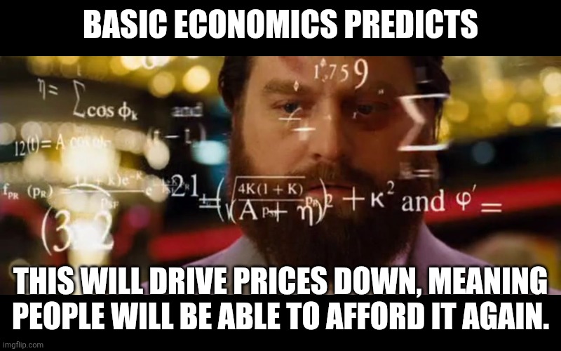 Hangover Math | BASIC ECONOMICS PREDICTS THIS WILL DRIVE PRICES DOWN, MEANING PEOPLE WILL BE ABLE TO AFFORD IT AGAIN. | image tagged in hangover math | made w/ Imgflip meme maker