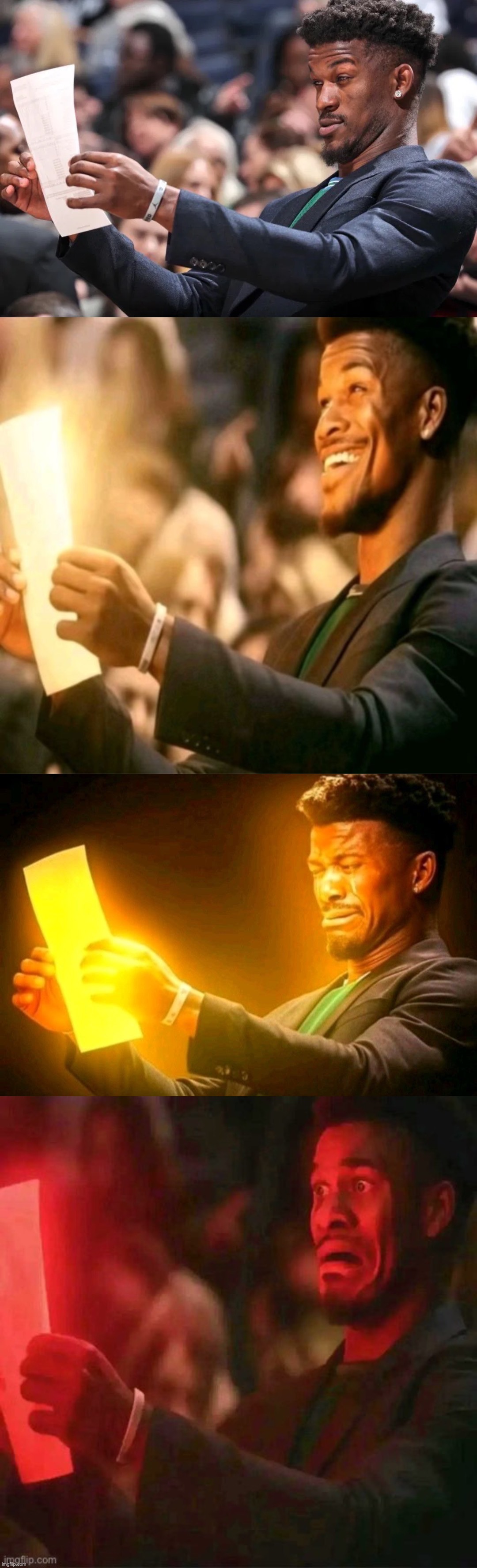 The four | image tagged in jimmy butler,jimmy butler happy,jimmy butler cringe,jimmy butler horrified | made w/ Imgflip meme maker