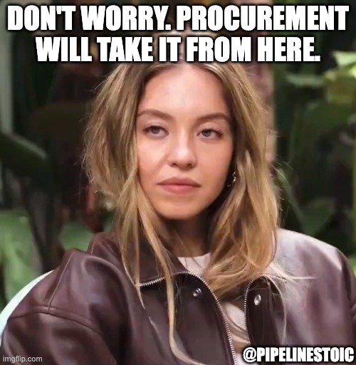 Don't worry. Procurement will take it from here. (@PipelineStoic) | DON'T WORRY. PROCUREMENT WILL TAKE IT FROM HERE. @PIPELINESTOIC | image tagged in sydney sweeney the pathetic stare,sales,pipelinestoic | made w/ Imgflip meme maker