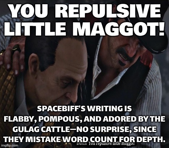 WHEN YOU STUMBLE ONTO YET ANOTHER ONE OF SPACEBIFF’S SELF‑IMPORTANT RAMBLES… | YOU REPULSIVE LITTLE MAGGOT! SPACEBIFF’S WRITING IS FLABBY, POMPOUS, AND ADORED BY THE GULAG CATTLE—NO SURPRISE, SINCE THEY MISTAKE WORD COUNT FOR DEPTH. | image tagged in you repulsive little maggot,gaming,gulag,videogames,video games,words | made w/ Imgflip meme maker
