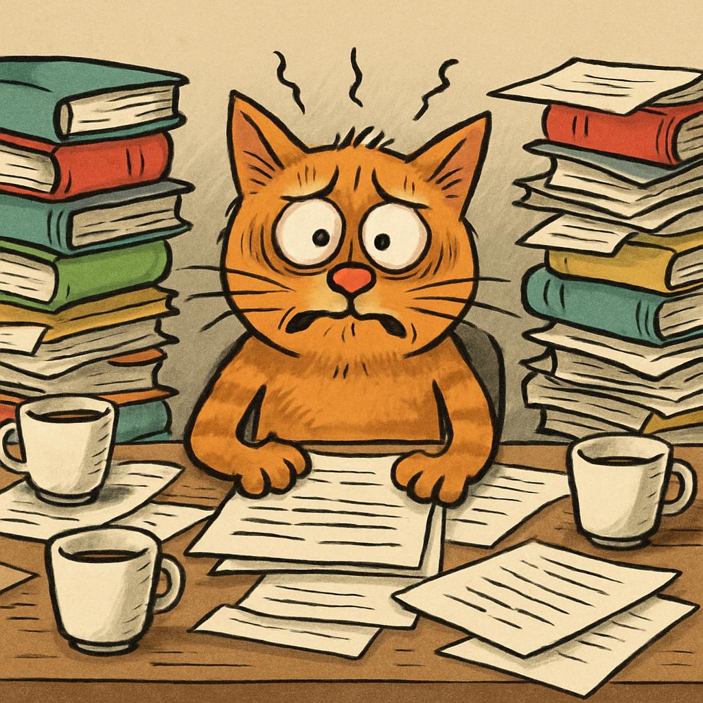 A cat sitting at a desk with a very stressed-out expression, sur Blank Meme Template