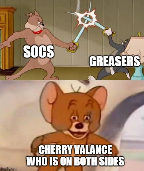 what here is in the outsiders | SOCS; GREASERS; CHERRY VALANCE WHO IS ON BOTH SIDES | image tagged in tom and jerry swordfight | made w/ Imgflip meme maker