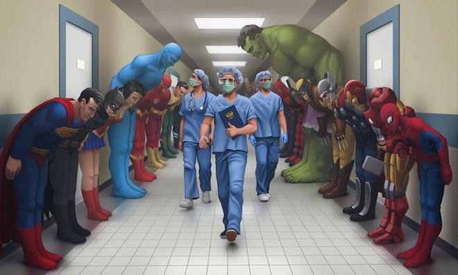 Superheroes bowing to doctors Blank Meme Template