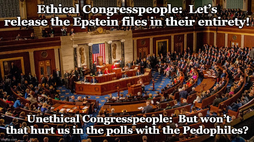 Release the Files | Ethical Congresspeople:  Let’s release the Epstein files in their entirety! Unethical Congresspeople:  But won’t that hurt us in the polls with the Pedophiles? | image tagged in maga,jeffrey epstein,pedophiles,basket of deplorables,donald trump,impeach trump | made w/ Imgflip meme maker
