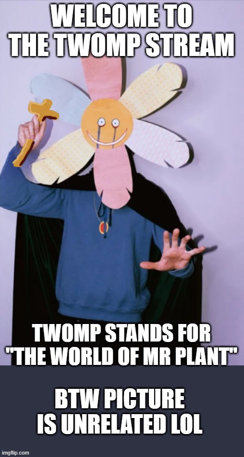 Welcome! | WELCOME TO THE TWOMP STREAM; TWOMP STANDS FOR "THE WORLD OF MR PLANT"; BTW PICTURE IS UNRELATED LOL | image tagged in mr plant with a cross | made w/ Imgflip meme maker