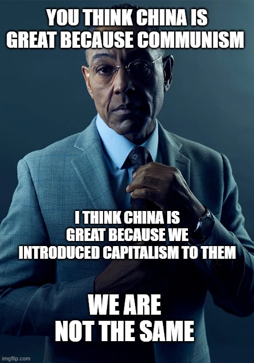 okay let me break this down for you... | YOU THINK CHINA IS GREAT BECAUSE COMMUNISM; I THINK CHINA IS GREAT BECAUSE WE INTRODUCED CAPITALISM TO THEM; WE ARE NOT THE SAME | image tagged in we are not the same,china,capitalism | made w/ Imgflip meme maker