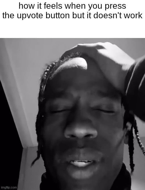 I'm tryna upvote my friend's memes to give him points | how it feels when you press the upvote button but it doesn't work | image tagged in travis scott apology | made w/ Imgflip meme maker