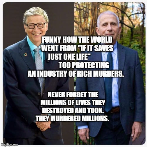 Bill Gates & Dr Feces | FUNNY HOW THE WORLD WENT FROM "IF IT SAVES JUST ONE LIFE"                       TOO PROTECTING AN INDUSTRY OF RICH MURDERS. NEVER FORGET THE MILLIONS OF LIVES THEY DESTROYED AND TOOK. THEY MURDERED MILLIONS. | image tagged in bill gates dr feces | made w/ Imgflip meme maker