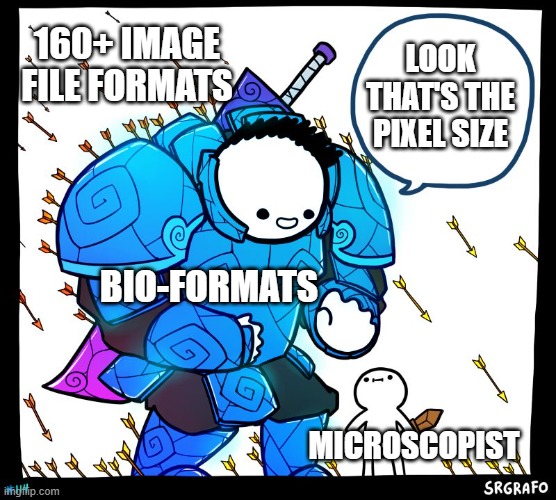 Invisible Heroes | LOOK THAT'S THE PIXEL SIZE; 160+ IMAGE FILE FORMATS; BIO-FORMATS; MICROSCOPIST | image tagged in wholesome protector,microscopy | made w/ Imgflip meme maker