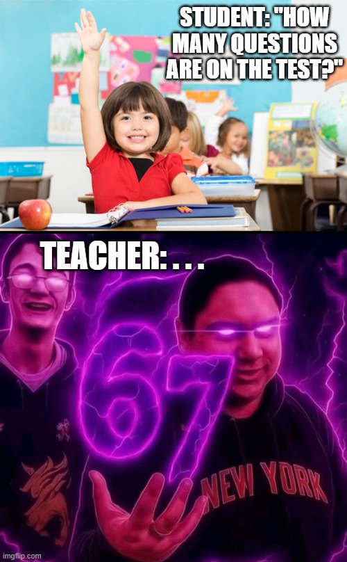 A teacher's revenge | STUDENT: "HOW MANY QUESTIONS ARE ON THE TEST?"; TEACHER: . . . | image tagged in student raise hand,adrian explain our 6 7 | made w/ Imgflip meme maker