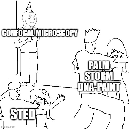 who needs legend anyway? | CONFOCAL MICROSCOPY; PALM
STORM
DNA-PAINT; STED | image tagged in they don't know | made w/ Imgflip meme maker