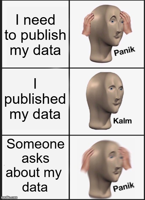 Better publish incomprehensible data or no data at all? | I need to publish my data; I published my data; Someone asks about my; data | image tagged in memes,panik kalm panik,publication | made w/ Imgflip meme maker