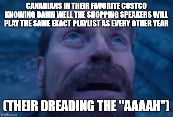 William dafoe looks up | CANADIANS IN THEIR FAVORITE COSTCO KNOWING DAMN WELL THE SHOPPING SPEAKERS WILL PLAY THE SAME EXACT PLAYLIST AS EVERY OTHER YEAR (THEIR DREA | image tagged in william dafoe looks up | made w/ Imgflip meme maker