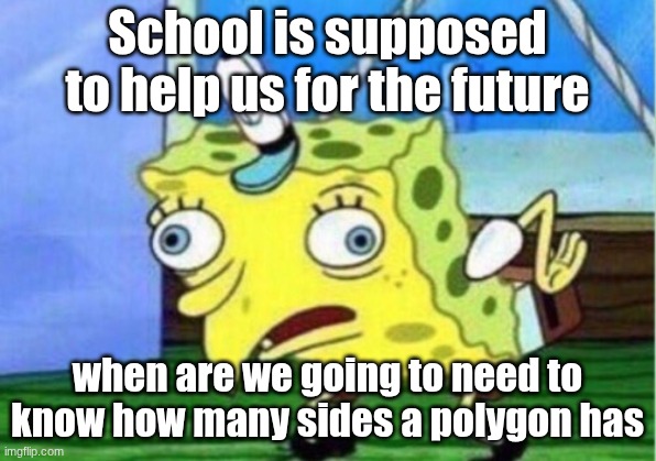 Mocking Spongebob | School is supposed to help us for the future; when are we going to need to know how many sides a polygon has | image tagged in memes,mocking spongebob | made w/ Imgflip meme maker