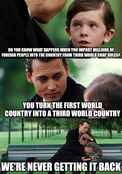 The country is gone. | DO YOU KNOW WHAT HAPPENS WHEN YOU IMPORT MILLIONS OF FOREIGN PEOPLE INTO THE COUNTRY FROM THIRD WORLD CRAP HOLES? YOU TURN THE FIRST WORLD COUNTRY INTO A THIRD WORLD COUNTRY; WE'RE NEVER GETTING IT BACK | image tagged in memes,finding neverland,third world | made w/ Imgflip meme maker