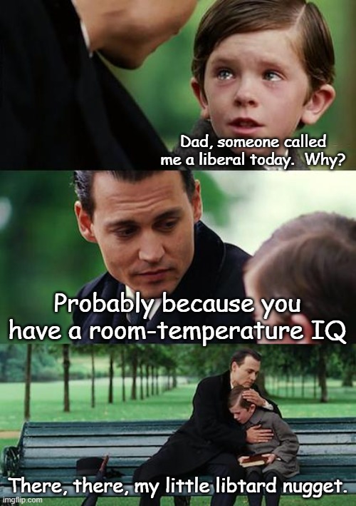 Finding Neverland | Dad, someone called me a liberal today.  Why? Probably because you have a room-temperature IQ; There, there, my little libtard nugget. | image tagged in memes,finding neverland | made w/ Imgflip meme maker