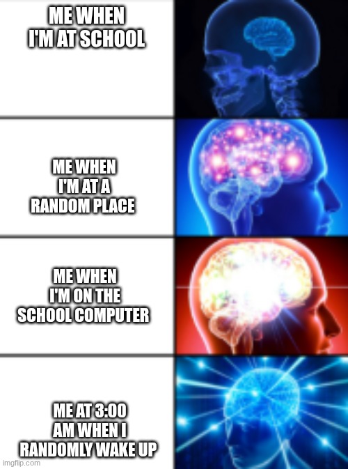 I hope you enjoyed this meme if u did can u pls support me by up voting | ME WHEN I'M AT SCHOOL; ME WHEN I'M AT A RANDOM PLACE; ME WHEN I'M ON THE SCHOOL COMPUTER; ME AT 3:00 AM WHEN I RANDOMLY WAKE UP | image tagged in expanding brain | made w/ Imgflip meme maker