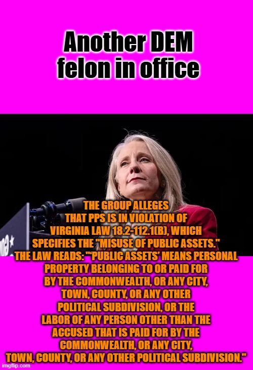 Another DEM felon in office; THE GROUP ALLEGES THAT PPS IS IN VIOLATION OF VIRGINIA LAW 18.2-112.1(B), WHICH SPECIFIES THE "MISUSE OF PUBLIC ASSETS."

THE LAW READS: "‘PUBLIC ASSETS’ MEANS PERSONAL PROPERTY BELONGING TO OR PAID FOR BY THE COMMONWEALTH, OR ANY CITY, TOWN, COUNTY, OR ANY OTHER POLITICAL SUBDIVISION, OR THE LABOR OF ANY PERSON OTHER THAN THE ACCUSED THAT IS PAID FOR BY THE COMMONWEALTH, OR ANY CITY, TOWN, COUNTY, OR ANY OTHER POLITICAL SUBDIVISION." | made w/ Imgflip meme maker