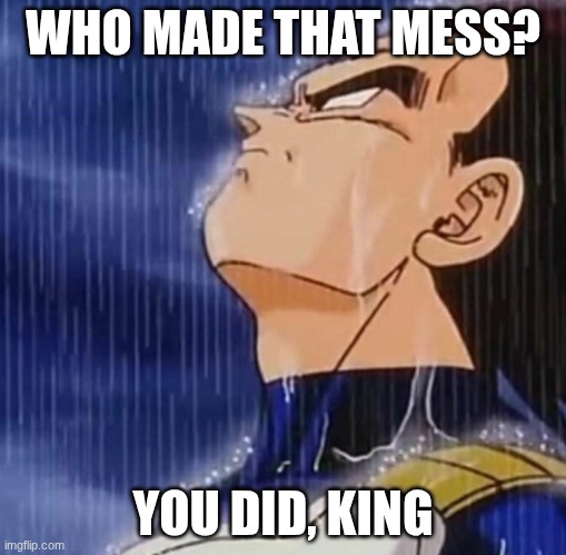 RIP yes king, one of the greats | WHO MADE THAT MESS? YOU DID, KING | image tagged in goku in rain,yes king,memes,sad,rest in peace | made w/ Imgflip meme maker