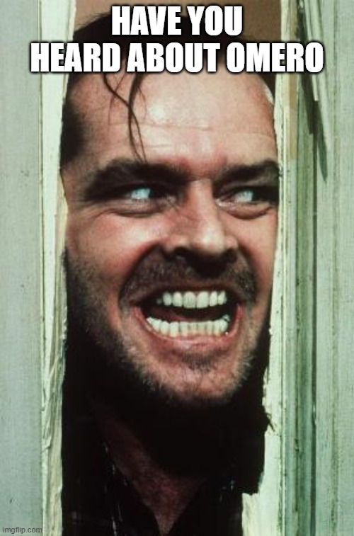 Image data management folks at conferences | HAVE YOU HEARD ABOUT OMERO | image tagged in memes,here's johnny,data management,omero | made w/ Imgflip meme maker