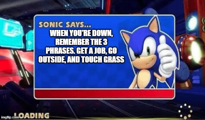 Made this for the funnies. | WHEN YOU'RE DOWN, REMEMBER THE 3 PHRASES. GET A JOB, GO OUTSIDE, AND TOUCH GRASS | image tagged in sonic says | made w/ Imgflip meme maker