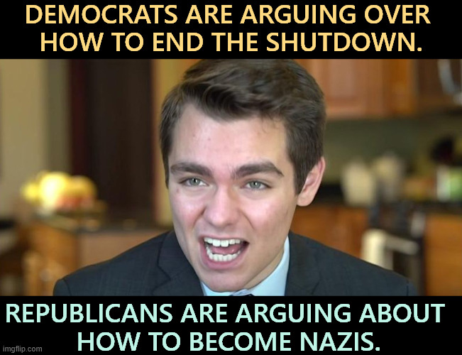 Nick Fuentes neo-Nazi bigor anti-semite hate greed Eddie Munster | DEMOCRATS ARE ARGUING OVER 
HOW TO END THE SHUTDOWN. REPUBLICANS ARE ARGUING ABOUT 
HOW TO BECOME NAZIS. | image tagged in nick fuentes neo-nazi bigor anti-semite hate greed eddie munster,nick fuentes,anti-semite and a racist,bigot,hate,eddie munster | made w/ Imgflip meme maker