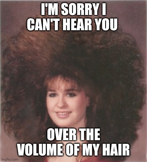 Big Hair | I'M SORRY I CAN'T HEAR YOU; OVER THE VOLUME OF MY HAIR | image tagged in 80's hair,funny memes | made w/ Imgflip meme maker