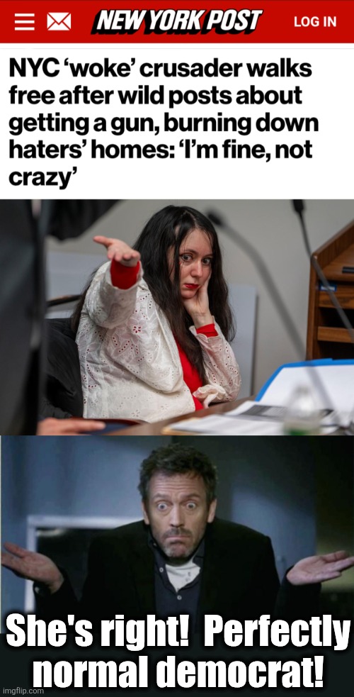 Despite an order for an in-patient psych eval, she was on the loose again within hours | She's right!  Perfectly
normal democrat! | image tagged in shrug,memes,democrats,anne marie bompart,woke,crazy | made w/ Imgflip meme maker