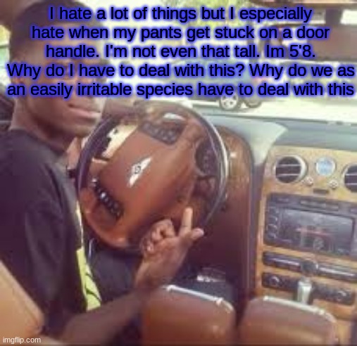 guy pointing in car | I hate a lot of things but I especially hate when my pants get stuck on a door handle. I'm not even that tall. Im 5'8. Why do I have to deal with this? Why do we as an easily irritable species have to deal with this | image tagged in guy pointing in car | made w/ Imgflip meme maker