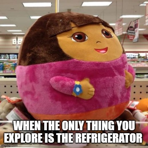 Dora meme | WHEN THE ONLY THING YOU EXPLORE IS THE REFRIGERATOR | image tagged in dora | made w/ Imgflip meme maker