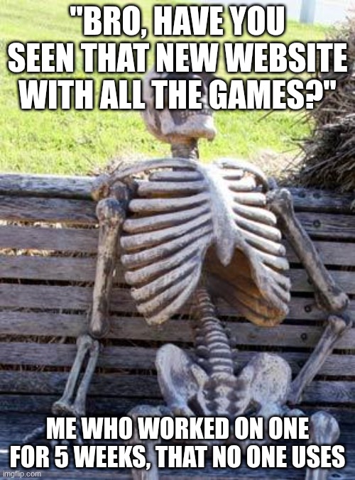Bro... | "BRO, HAVE YOU SEEN THAT NEW WEBSITE WITH ALL THE GAMES?"; ME WHO WORKED ON ONE FOR 5 WEEKS, THAT NO ONE USES | image tagged in memes,waiting skeleton | made w/ Imgflip meme maker