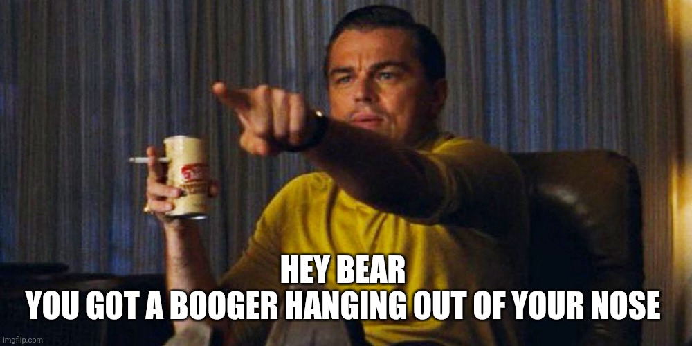 Leo pointing | HEY BEAR 
YOU GOT A BOOGER HANGING OUT OF YOUR NOSE | image tagged in leo pointing | made w/ Imgflip meme maker