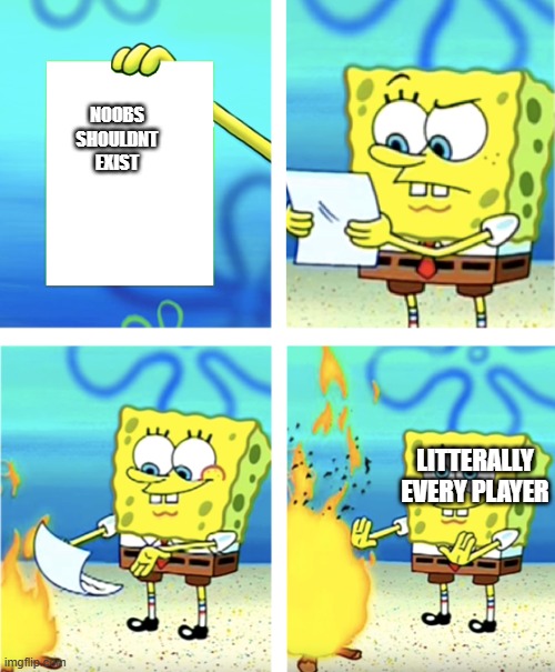 spongebob throwing paper into fire | NOOBS SHOULDNT EXIST; LITTERALLY EVERY PLAYER | image tagged in spongebob throwing paper into fire | made w/ Imgflip meme maker