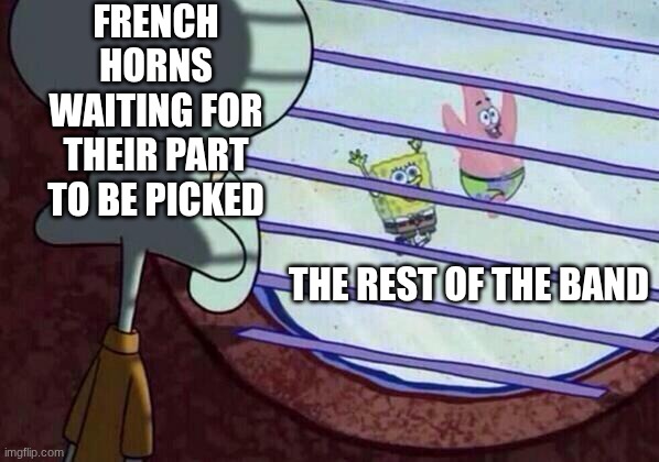sad | FRENCH HORNS WAITING FOR THEIR PART TO BE PICKED; THE REST OF THE BAND | image tagged in squidward window | made w/ Imgflip meme maker