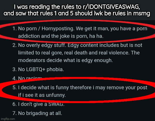 which mfs here would be cooked if we added #5 | I was reading the rules to r/IDONTGIVEASWAG, and saw that rules 1 and 5 should lwk be rules in msmg | made w/ Imgflip meme maker