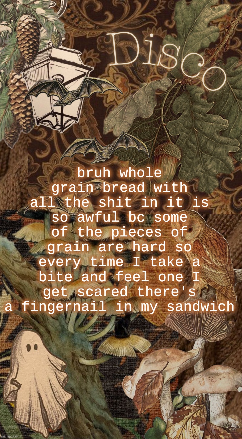 this isn't fun anymore | bruh whole grain bread with all the shit in it is so awful bc some of the pieces of grain are hard so every time I take a bite and feel one I get scared there's a fingernail in my sandwich | image tagged in disco's autumn temp | made w/ Imgflip meme maker