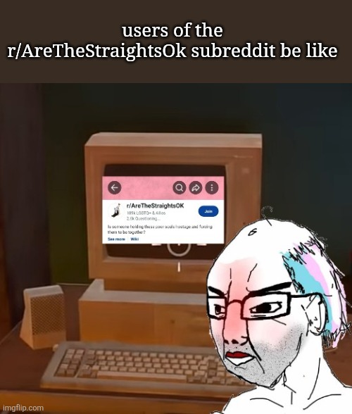 They be obsessed with straight people | users of the r/AreTheStraightsOk subreddit be like | image tagged in chudjak | made w/ Imgflip meme maker