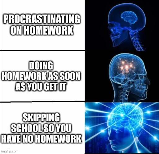 Galaxy Brain (3 brains) | PROCRASTINATING ON HOMEWORK; DOING HOMEWORK AS SOON AS YOU GET IT; SKIPPING SCHOOL SO YOU HAVE NO HOMEWORK | image tagged in galaxy brain 3 brains | made w/ Imgflip meme maker