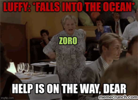 It's always them. | LUFFY: *FALLS INTO THE OCEAN*; ZORO | image tagged in help is on the way dear,zoro,luffy,ship | made w/ Imgflip meme maker